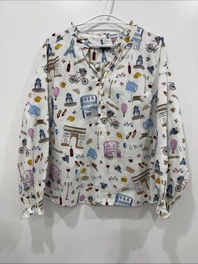 Talbots Petite‎ XL Paris Novelty Print 100% Cotton Blouse Parisian Lifestyle
